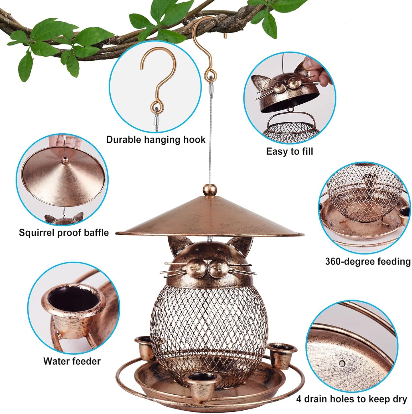 Fine mesh strainer + 3 water cups + lids Whimsical Cat Shaped Metal Bird Feeder Hanging Mesh Wild Bird Seed Holder for Garden Courtyard Decorative Feeding Solution for Local Wildlife Lovers