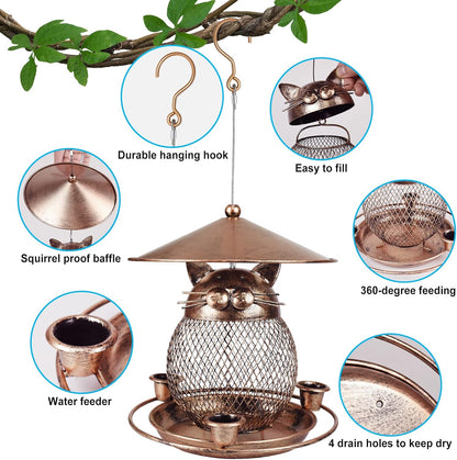 Whimsical Owl-Shaped Metal Bird Feeder Hanging Mesh Seed Holder for Garden and Courtyard Decorative Feeding Solution for Local Wildlife Enthusiasts