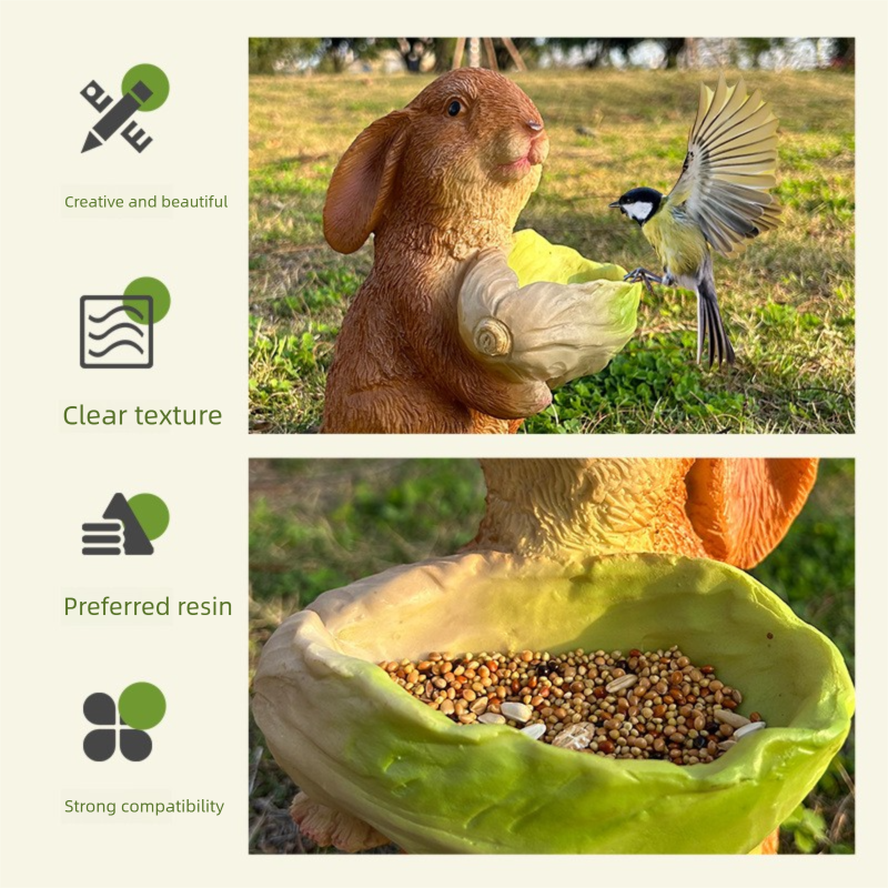 Cute Resin Rabbit Bird Feeder for Outdoor Garden Courtyard Balcony Landscape Decoration Durable Waterproof Animal Statue for Local Wild Bird Enthusiasts