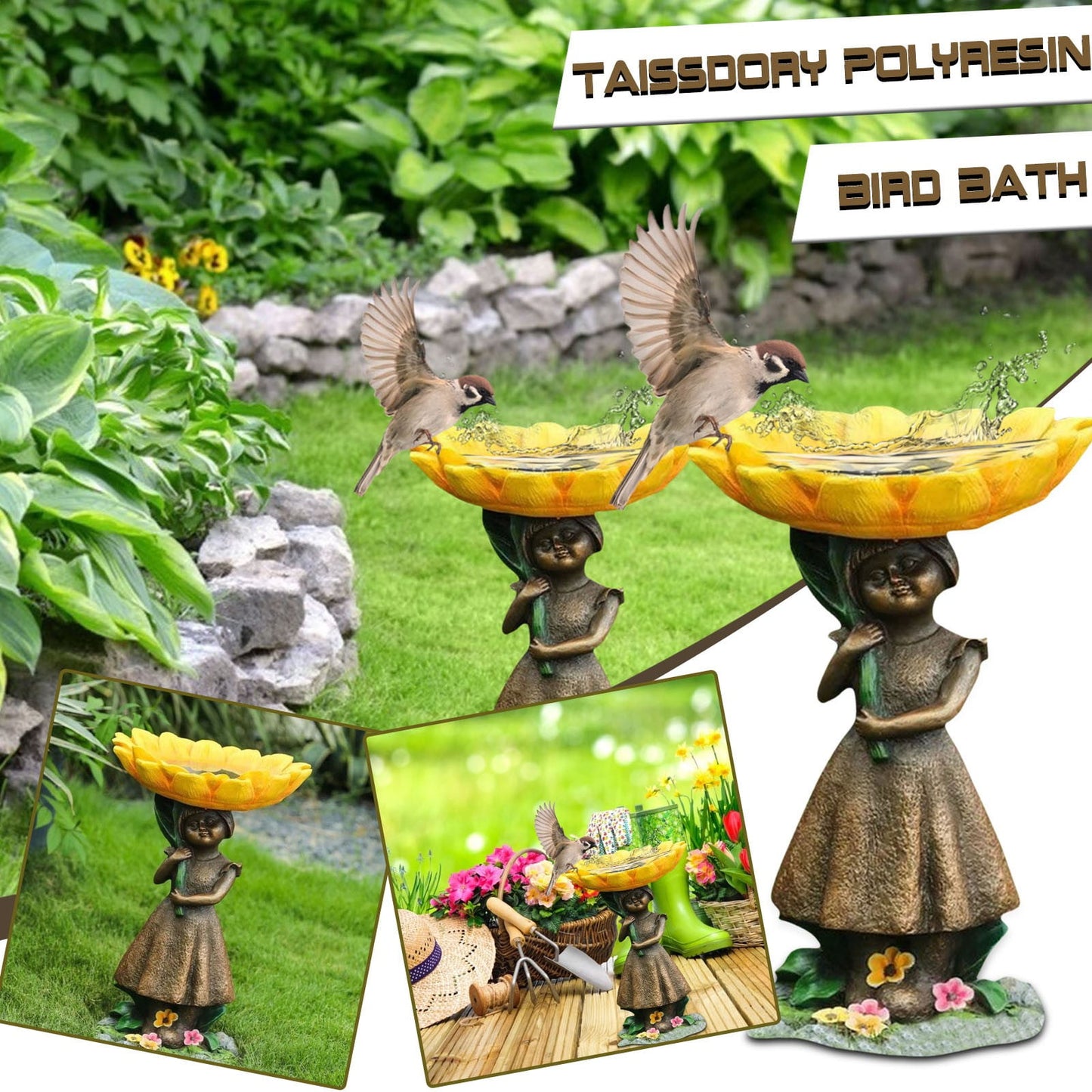 Girl Resin Bird Feeder with Natural Stump Design for Garden and Outdoor Decor, Ideal for Attracting Birds and Enhancing Yard Aesthetics