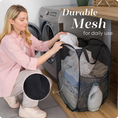 2 PCS Mesh Pop Up Laundry Hamper Collapsible Washing Basket with Side Pocket & Reinforced Handles Portable Dirty Clothes Bin for Dorm Travel & Toy Storage (Black & Grey)