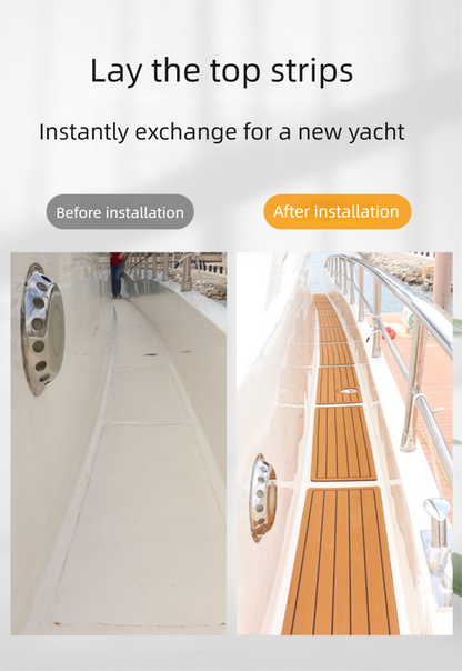 EVA Faux Teak Boat Flooring Border Trim Self Adhesive Marine Decking Strip Non Slip Foam Sheet for Yacht Caravan RV (Gold & Black, 240cm x 5.7cm)