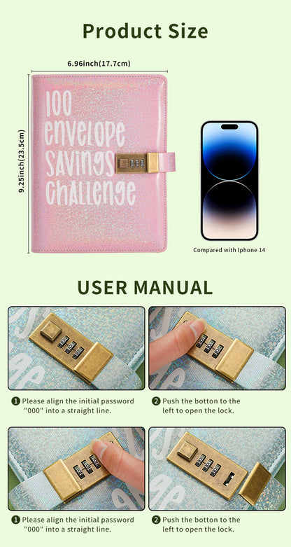 100 Envelope Savings Challenge Binder with Password Lock A5 Cash Stuffing Budget Planner Book Money Organizer for Couples (Purple)