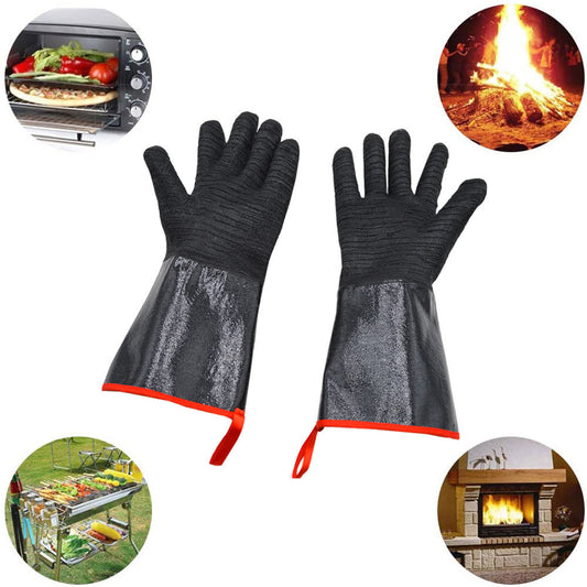 14 Inch Neoprene Heat Resistant BBQ Gloves - Waterproof & Oil Proof Long Sleeve Mitts - Extreme Heat Protection for Grilling, Boiling Water & Industrial Use (Black)