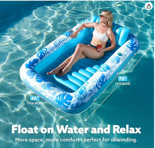 180x118CM Blue Deluxe Inflatable Suntan Tub & Floating Pool Lounger with Dual Integrated Cup Holders and Pillow - Portable Sunbathing Pool for Lawn & Water