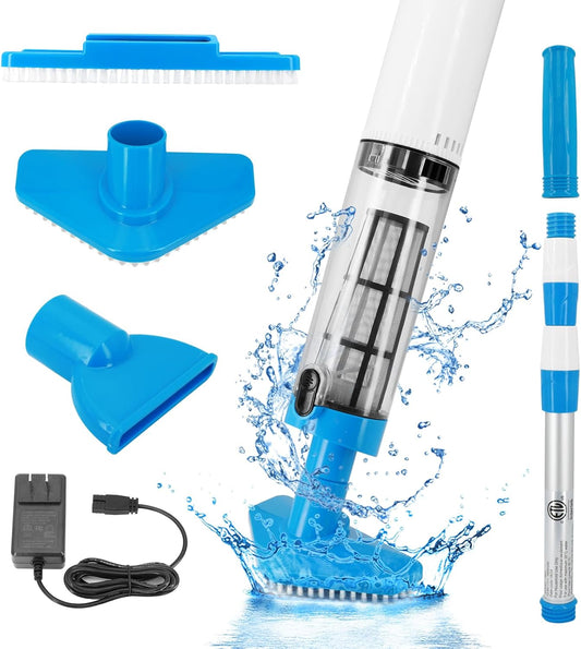 Blue and White Cordless Underwater Pool Vacuum with 3 Cleaning Heads & 164cm Extended Reach - Rechargeable Handheld Spa & Pond Cleaner