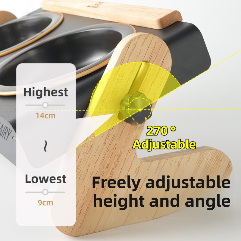 Black Elevated Adjustable (9-14CM) Double Ceramic Bowls Pet Diner - Ergonomic 270° Tilt Controlled Tip-Proof Stable Iron Base