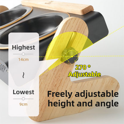 Black Elevated Adjustable (9-14CM) Double Ceramic Bowls Pet Diner - Ergonomic 270° Tilt Controlled Tip-Proof Stable Iron Base