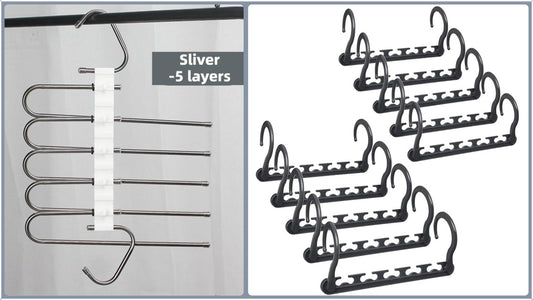 5-Tier Sliver Stainless Steel Pants Rack and 10-Pack Magic Cascading Hangers Set - Space-Saving Closet Organizer Kit