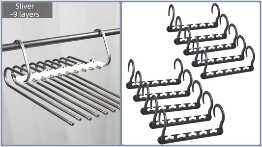 Ultimate Closet Space-Saver Set: 9-Tier Sliver Stainless Steel Retractable Pants Rack & 10-Pack Multi-Port Magic Hangers
