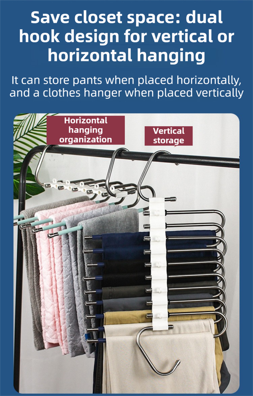 Ultimate Closet Space-Saver Set: 9-Tier Sliver Stainless Steel Retractable Pants Rack & 10-Pack Multi-Port Magic Hangers
