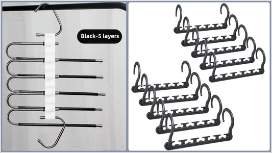 5-Tier Black Stainless Steel Pants Rack and 10-Pack Magic Cascading Hangers Set - Space-Saving Closet Organizer Kit