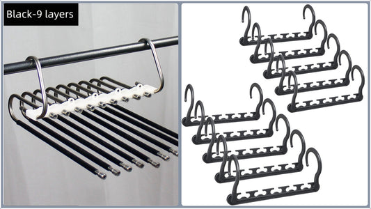 Ultimate Closet Space-Saver Set: 9-Tier Black Stainless Steel Retractable Pants Rack & 10-Pack Multi-Port Magic Hangers
