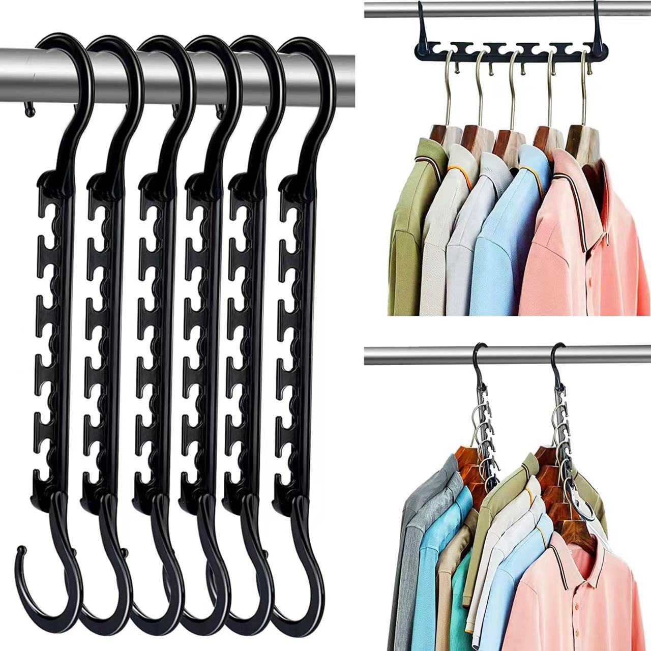 Ultimate Closet Space-Saver Set: 9-Tier Black Stainless Steel Retractable Pants Rack & 10-Pack Multi-Port Magic Hangers