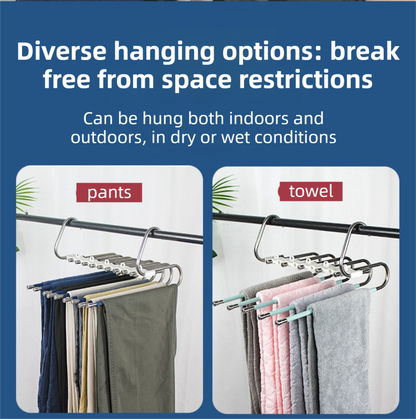 5-Layers Sliver Stainless Steel Pants Rack with Horizontal / Vertical Modes and Expandable Pull-Out Rods - High-Load Folding Magic Hanger