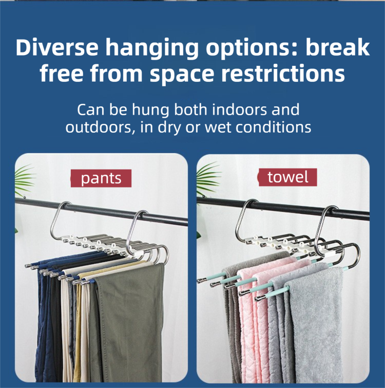 5-Layers Black Stainless Steel Pants Rack with Horizontal / Vertical Modes and Expandable Pull-Out Rods - High-Load Folding Magic Hanger