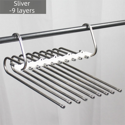 9-Layers Sliver Stainless Steel Pants Rack with Horizontal / Vertical Modes and Expandable Pull-Out Rods - High-Load Folding Magic Hanger