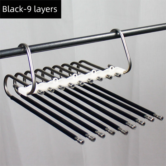 9-Layers Black Stainless Steel Pants Rack with Horizontal / Vertical Modes and Expandable Pull-Out Rods - High-Load Folding Magic Hanger