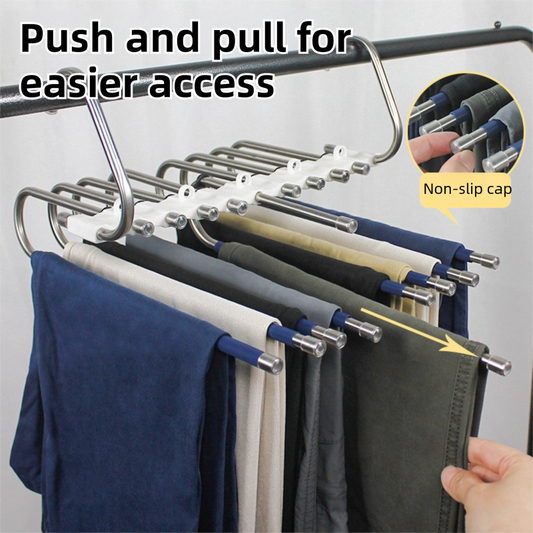 9-Layers Black Stainless Steel Pants Rack with Horizontal / Vertical Modes and Expandable Pull-Out Rods - High-Load Folding Magic Hanger