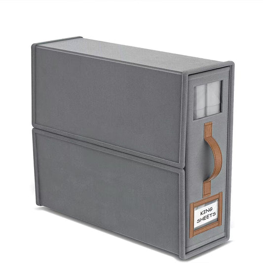 2-Pack Grey Foldable Bedding Storage Box with Zipper & PU Leather Handle - Wardrobe Drawer Closet Organizer for Duvet Covers & Clothing (38x32x12CM)