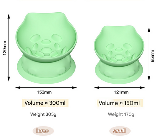 L Green 2-Piece Elevated Silicone Pet Bowl Set - Slanted Neck Protection Cat Bowl with Anti-Slip Suction Base for Cats and Small Dogs