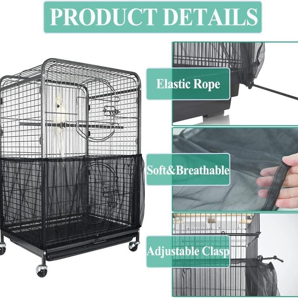 XXL Black Star【Height 40, Circumference 220】 Large Bird Cage Seed Catcher Net Cover - Adjustable Mesh Guard Splash-Proof Dust Cover for Indoor Outdoor Cages