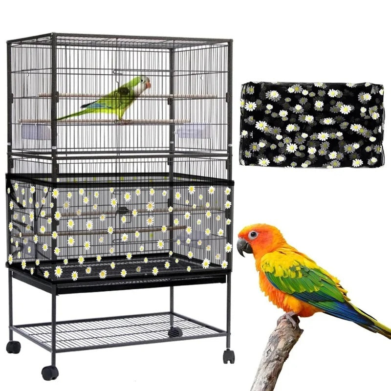 XL Black Flower【Height 37, Circumference 220】 Large Bird Cage Seed Catcher Net Cover - Adjustable Mesh Guard Splash-Proof Dust Cover for Indoor Outdoor Cages