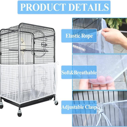 XL Black Flower【Height 37, Circumference 220】 Large Bird Cage Seed Catcher Net Cover - Adjustable Mesh Guard Splash-Proof Dust Cover for Indoor Outdoor Cages