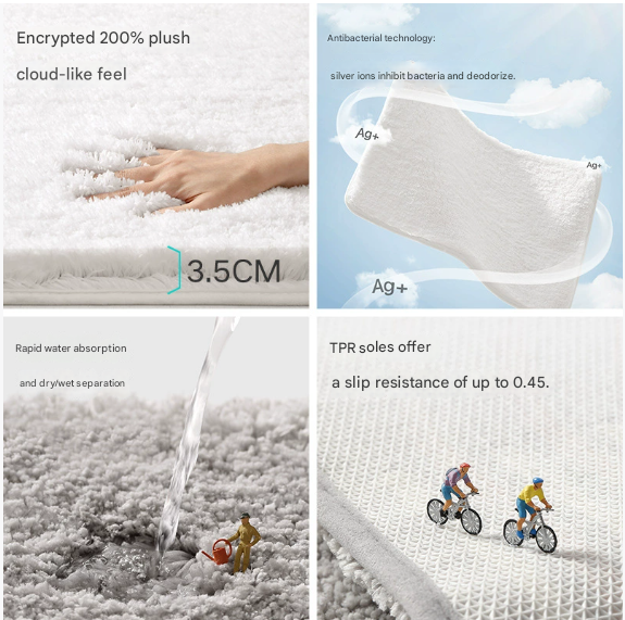 Khaki 40*60cm Luxury 3.5cm Shag Bath Mat | Silver Ion Antibacterial Technology | Quick Dry Non-Slip TPR Bathroom Rug