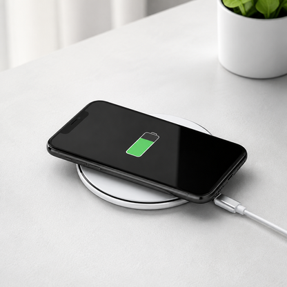 Black 15W Qi Wireless Phone Charger - Compact Cable Free Charging for Qi Enabled Smartphones, Easy Everyday Use at Home, in the Office or While Travelling