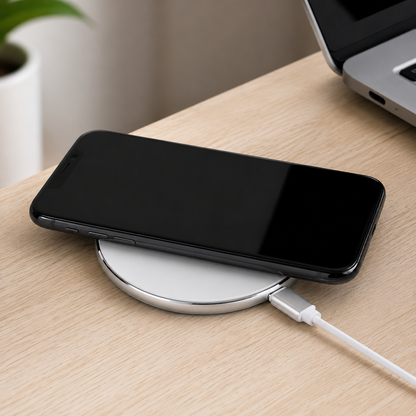Black 15W Qi Wireless Phone Charger - Compact Cable Free Charging for Qi Enabled Smartphones, Easy Everyday Use at Home, in the Office or While Travelling