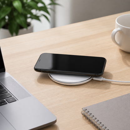Black 15W Qi Wireless Phone Charger - Compact Cable Free Charging for Qi Enabled Smartphones, Easy Everyday Use at Home, in the Office or While Travelling
