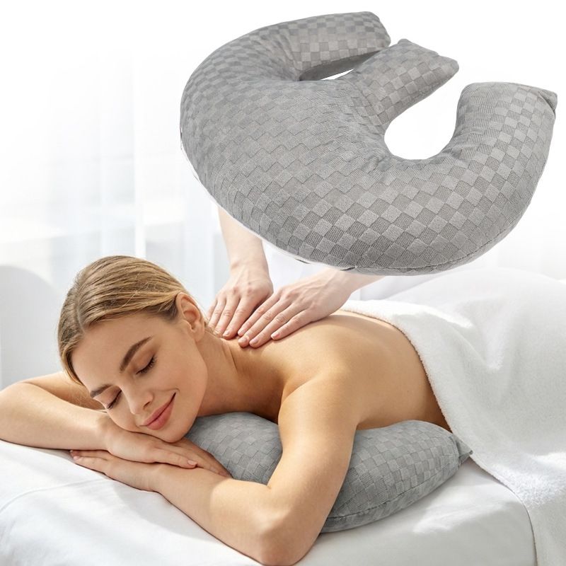 Gray Ergonomic M-Shaped Breast Support Pillow for Spa & Postpartum Care – Soft Plush Cover, Removable & Washable (320g)