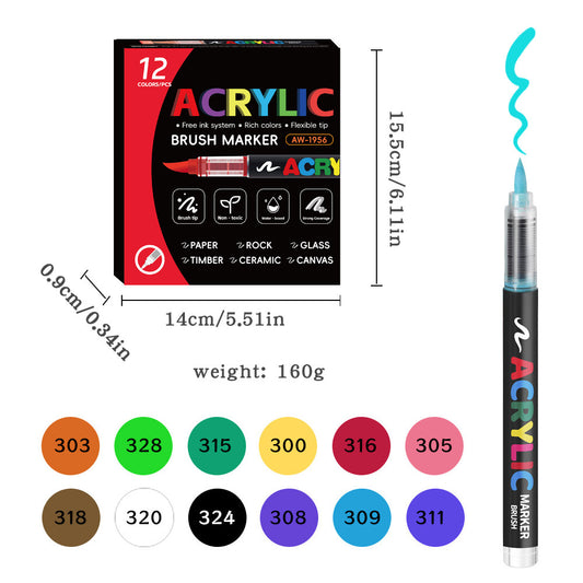 Acrylic Brush Marker – 12-Pack, Water-Based Ink, Flexible Tip, for Multi-Surface Art and Labeling