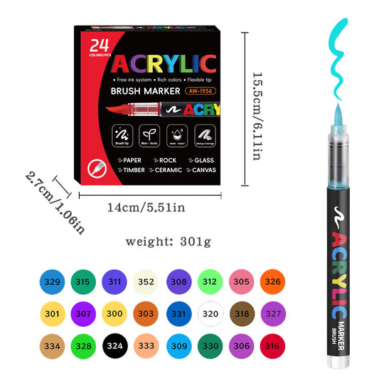 Acrylic Brush Marker – 24-Pack, Water-Based Ink, Flexible Tip, for Multi-Surface Art and Labeling