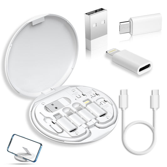 2-Pack White 60W Fast Charging Cable Kit with Storage Box - 5-in-1 Multi-Interface Data Cable Set with Phone Stand & SIM Ejector Tool - Universal Compatibility for iPhone, Android, and Type-C Devices - Portable Travel Gadget Organizer