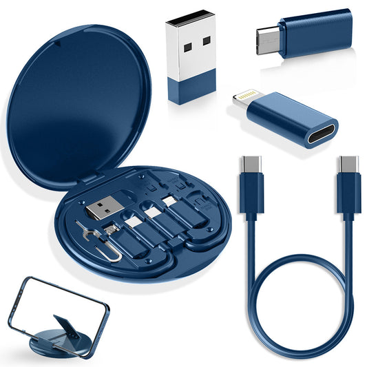 2-Pack Blue 60W Fast Charging Cable Kit with Storage Box - 5-in-1 Multi-Interface Data Cable Set with Phone Stand & SIM Ejector Tool - Universal Compatibility for iPhone, Android, and Type-C Devices - Portable Travel Gadget Organizer