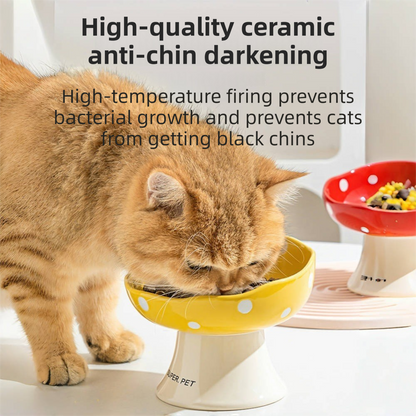 Red and Yellow Elevated 15° Tilted Ceramic Cat Bowl - Anti-Chin Acne Glaze Finish, Non-Slip Weighted Base & Neck Protection Pet Feeder