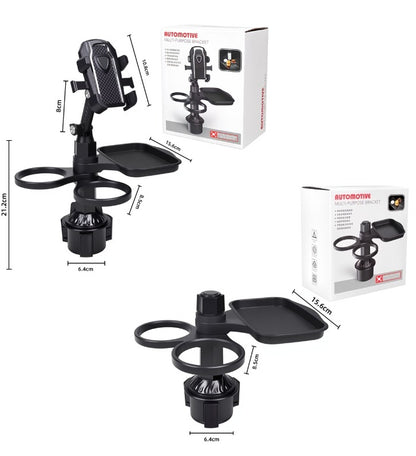 2-Pack (2-in-1 Standard Version & 3-in-1 Pro Phone Mount Version) Car Rotating Dinner Tray & Double Cup Holder with Secure Phone Mount - Car Cup Slot Swivel Expander and Snacks & Drinks Organizer