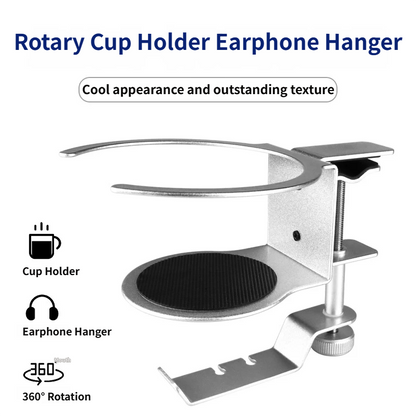 2-in-1 Under-Desk Metal Headphone Hanger &  Anti-Spill Cup Holder - No-Drill Heavy-Duty Desk Adjustable Clamp and 360° Swivel Hook