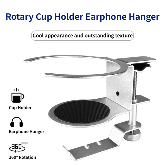 2-in-1 Under-Desk Metal Headphone Hanger &  Anti-Spill Cup Holder - No-Drill Heavy-Duty Desk Adjustable Clamp and 360° Swivel Hook