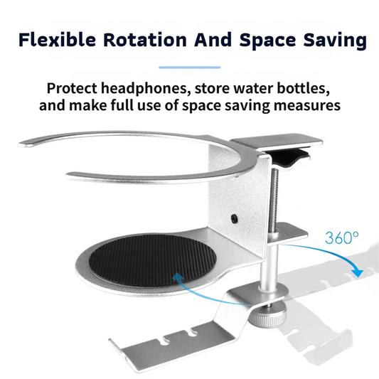 2-in-1 Under-Desk Metal Headphone Hanger &  Anti-Spill Cup Holder - No-Drill Heavy-Duty Desk Adjustable Clamp and 360° Swivel Hook