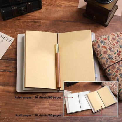 Wild Rose Retro A6 Travelers Leather Notebook & Wooden Pen Gift Box - Floral Botanical Loose-Leaf Journal with Bronze Charm, Kraft Paper and Lined Paper