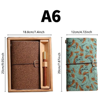 Wild Rose Retro A6 Travelers Leather Notebook & Wooden Pen Gift Box - Floral Botanical Loose-Leaf Journal with Bronze Charm, Kraft Paper and Lined Paper