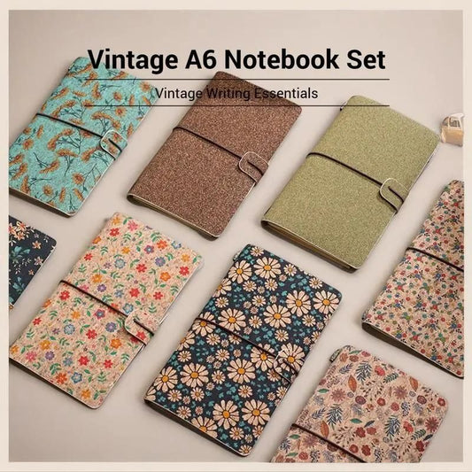 Calendula Retro A6 Travelers Leather Notebook & Wooden Pen Gift Box - Floral Botanical Loose-Leaf Journal with Bronze Charm, Kraft Paper and Lined Paper