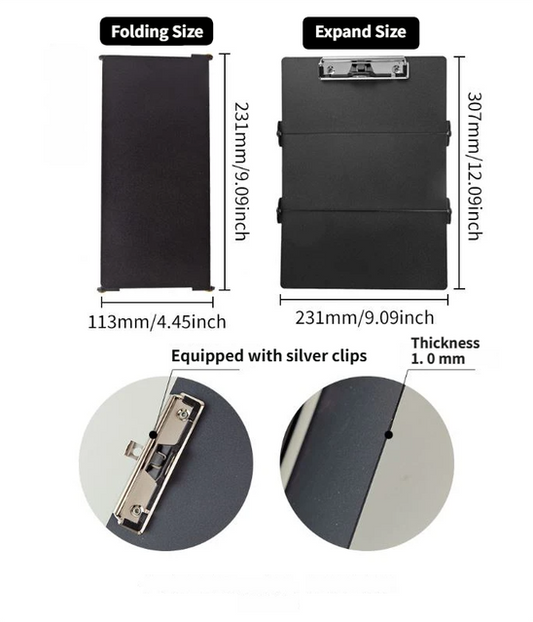 Black Waterproof Aluminum Tri-Fold Nursing Clipboard with Pen Slot - Lightweight Pocket-Sized A4 Document Holder & 180° Flat Writing Pad