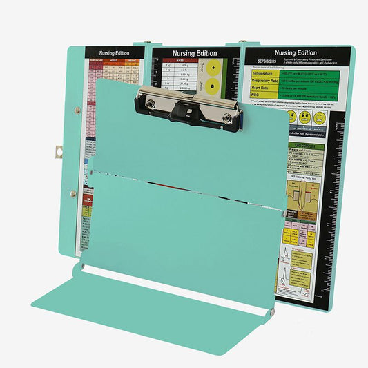 Green Waterproof Aluminum Tri-Fold Nursing Clipboard with Pen Slot - Lightweight Pocket-Sized A4 Document Holder & 180° Flat Writing Pad