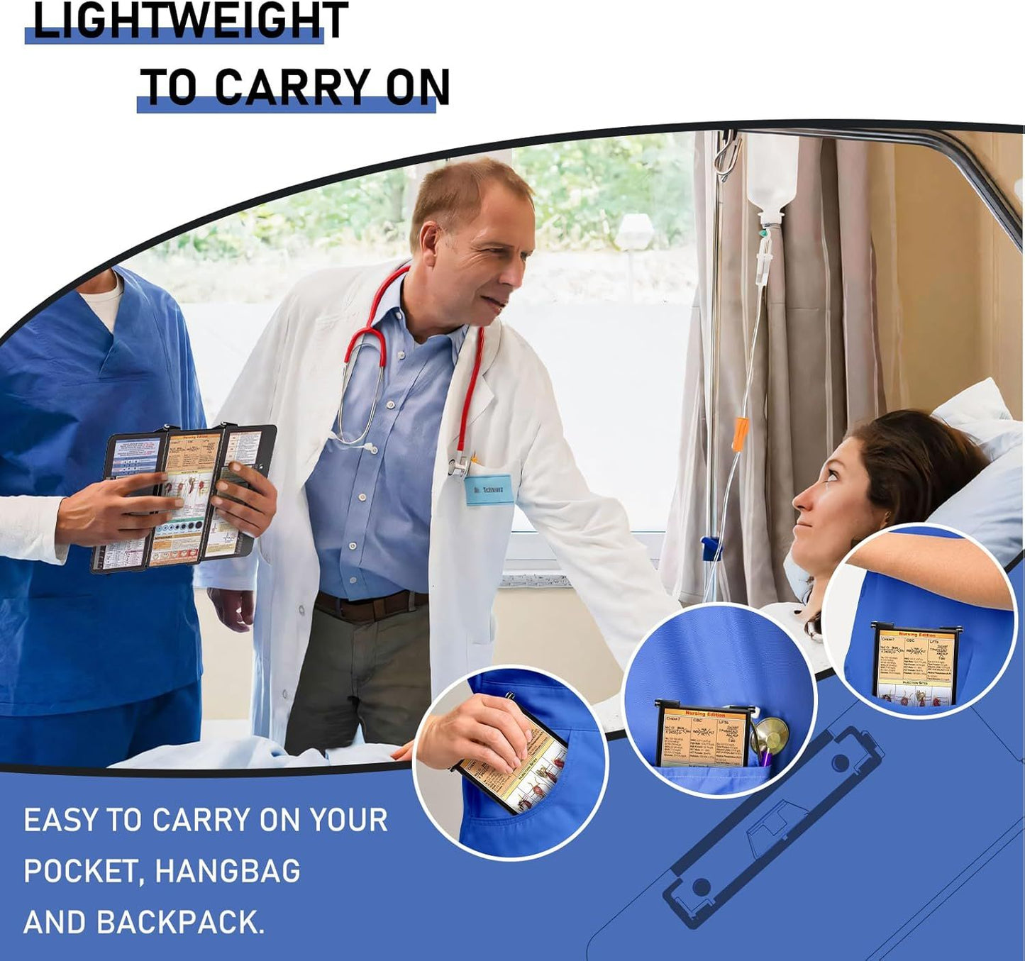 Blue Waterproof Aluminum Tri-Fold Nursing Clipboard with Pen Slot - Lightweight Pocket-Sized A4 Document Holder & 180° Flat Writing Pad