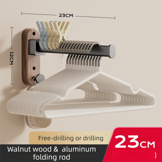 23CM Moisture Aluminum Folding Towel Rack Integrated Bottom Hook - 90° Folding Black Walnut Grain Wall-Mounted Drying Rod and Organize