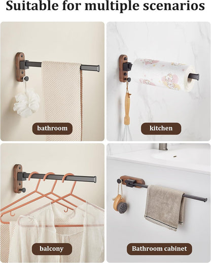 23CM Moisture Aluminum Folding Towel Rack Integrated Bottom Hook - 90° Folding Black Walnut Grain Wall-Mounted Drying Rod and Organize